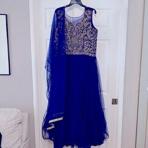 Elegant Dark Royal Blue & Gold Dress size XXL with Beading & Embroidery #OD9